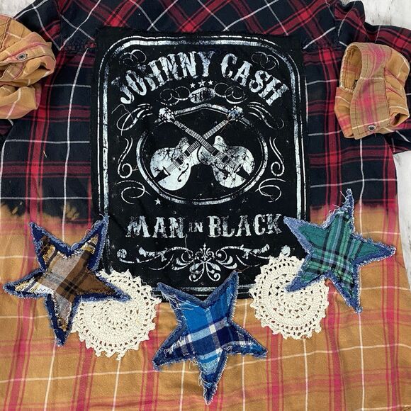 Upcycled Flannel Shirt Shacket Womens 1X Country Music Grunge Patchwork Folk Art - Picture 3 of 10